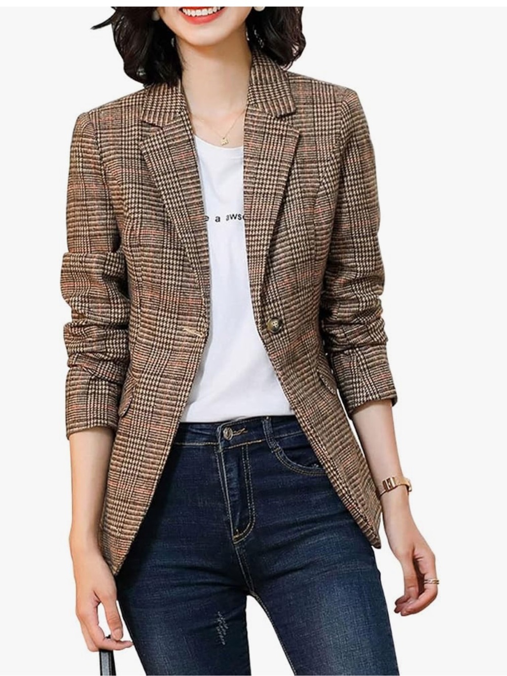 EBOSSY Women’s Plaid and Herringbone Single Button Blazer in Tan